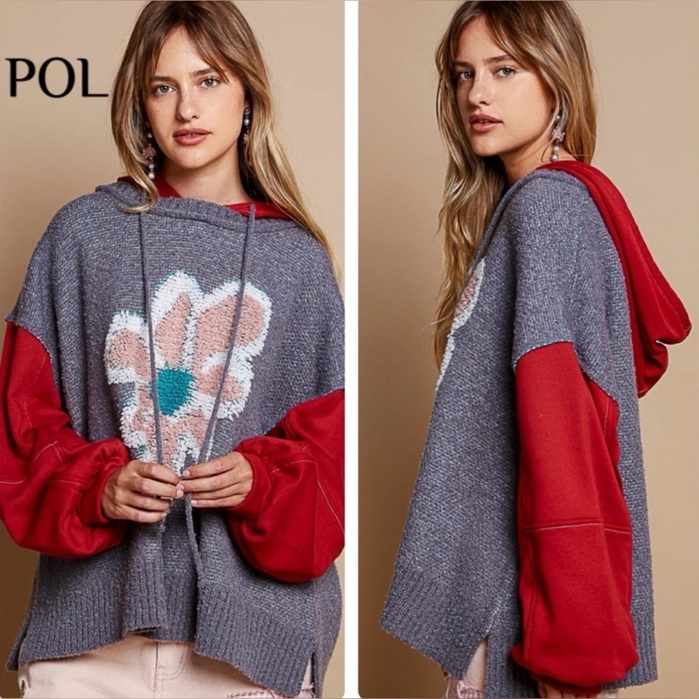 POL Hooded Balloon Sleeve Roomy Fit Top in Popcorn With Flower Pattern Sz Small